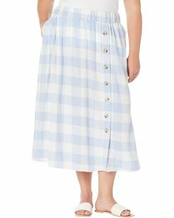 Madewell Skirts Plus Linen-Blend Side-Button Midi Skirt in Gingham Check