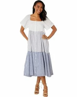Madewell Dresses Patchwork Gingham Button-Front Tiered Midi Dress