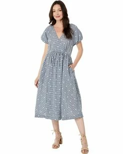Madewell Dresses Embroidered Gingham Faux-Wrap Tie-Waist Midi Dress