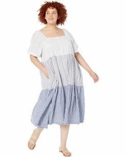 Madewell Dresses Plus Patchwork Gingham Button-Front Tiered Midi Dress