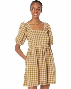 Madewell Dresses Square-Neck Puff-Sleeve Dress in Gingham Seersucker