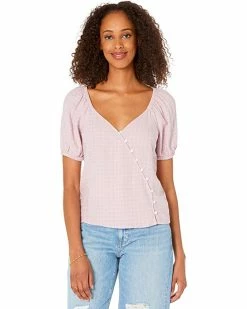 Madewell Shirts & Tops Linen-Blend Puff-Sleeve Button-Wrap Top in Plaid