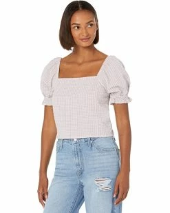 Madewell Shirts & Tops Seersucker Hopewell Puff-Sleeve Crop Top in Plaid