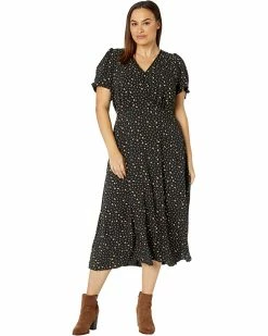 Madewell Dresses Plus Puff-Sleeve Faux-Wrap Midi Dress in Stem Scatter