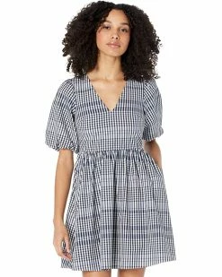Madewell Dresses Poplin V-Neck Bubble-Sleeve Mini Dress in Plaid